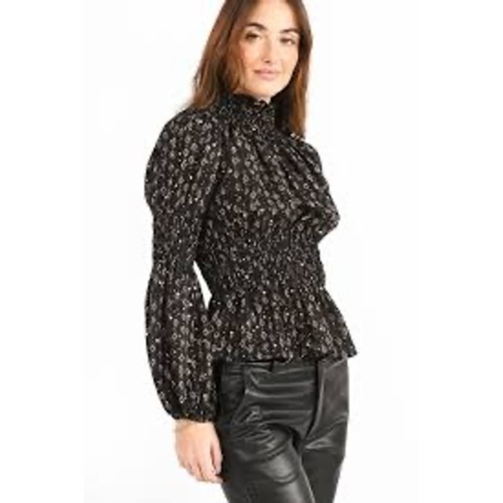 Molly Bracken printed blouse smocked high‎ collar large Victorian feminine girly